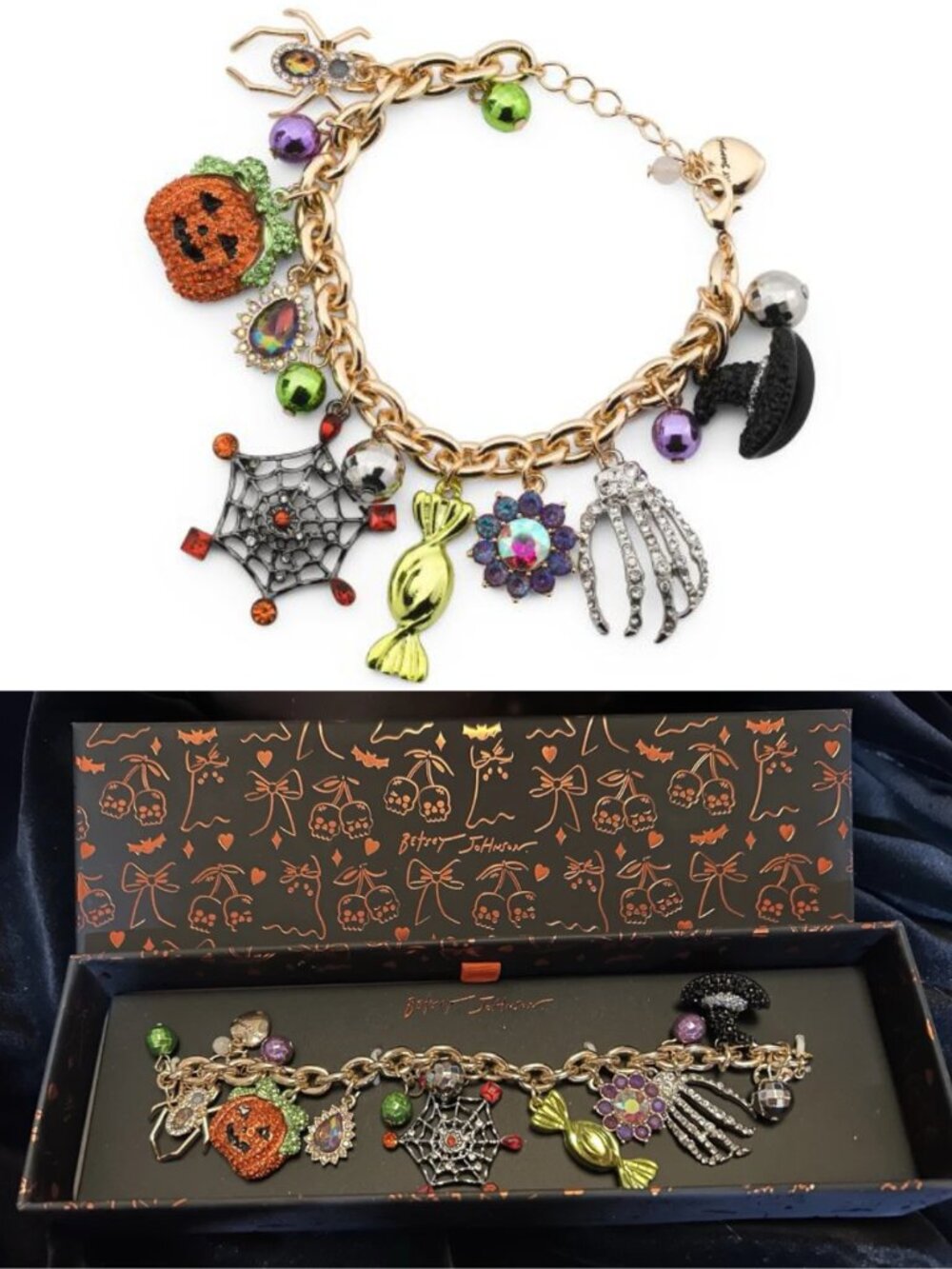 BETSEY JOHNSON Halloween Charm Bracelet Skeleton Pumpkin Spider Hat